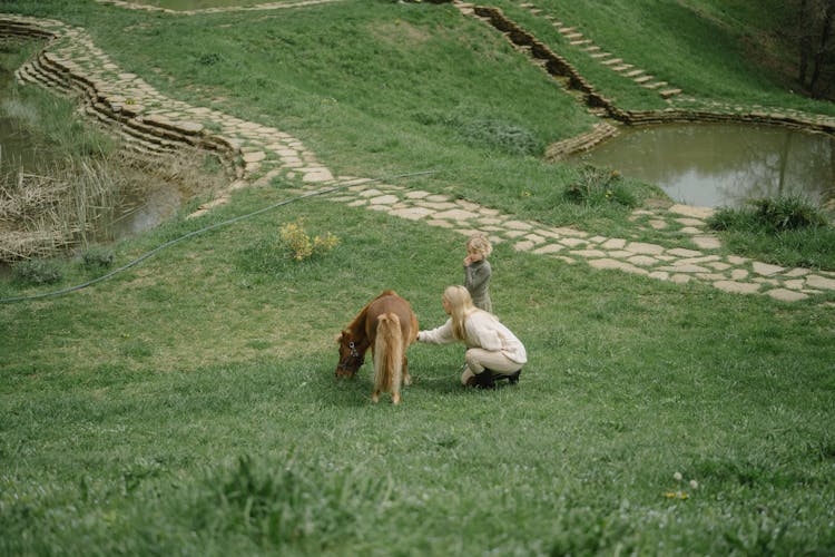 Mother And Child Staying Near A Pony