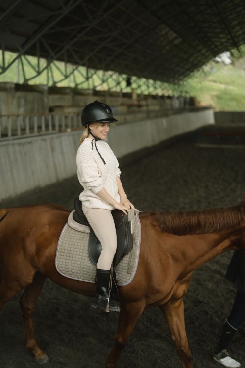 Free Woman enjoying horseback riding in an indoor arena, showcasing leisure and equestrian skills. Stock Photo