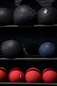 Array of black, blue, and red exercise balls neatly arranged in a gym setting.