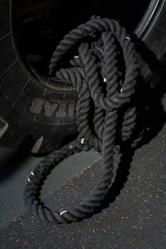 Detailed view of gym equipment including a heavy rope and tire, ideal for fitness training