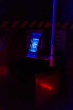 A dimly lit futuristic control panel with a blue screen in a sci-fi setting, displaying an abstract design.