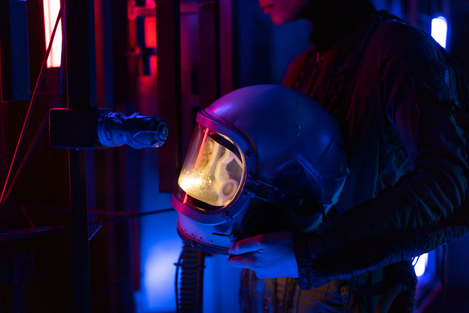 Woman With Blue Helmet and Black Space Suit