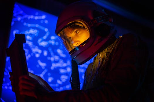 A woman astronaut examines a control panel with a star map background in futuristic blue lighting.