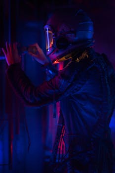 A woman in a futuristic space suit explores a dimly lit, neon-colored environment.