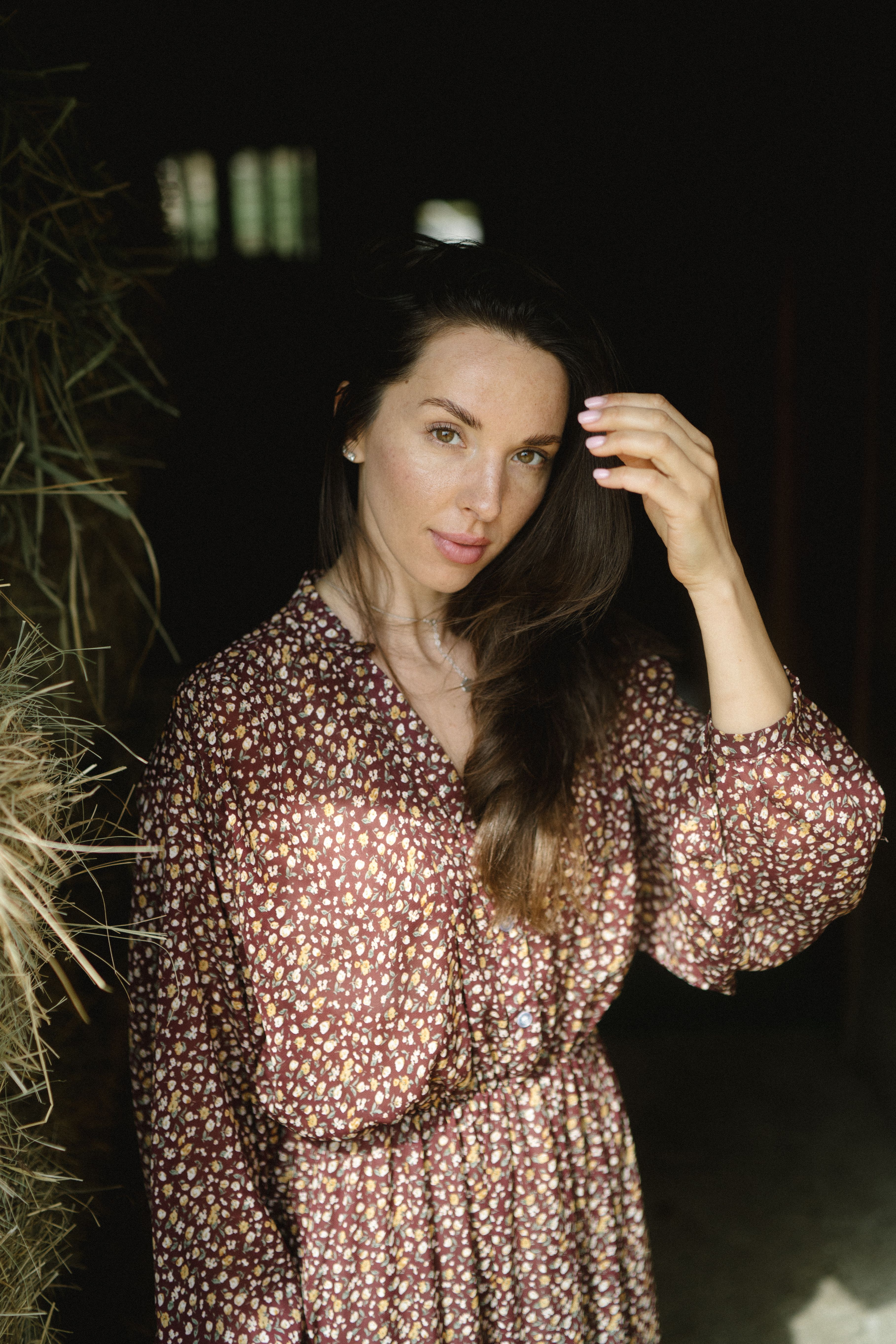 Woman in Brown Floral Long Sleeve Dress · Free Stock Photo