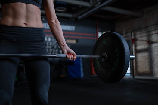 A fit woman lifting a barbell indoors highlights strength, fitness, and dedication.