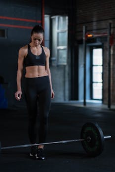 Female athlete in gym wear preparing for a weightlifting session indoors.