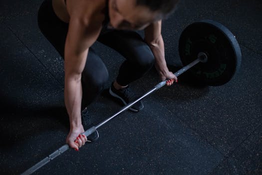 Woman lifting barbell in gym, showcasing strength and fitness. Great for active lifestyle themes.