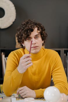 Curly-haired man in a yellow sweater holding a pencil indoors.