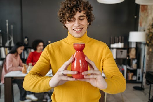 Young man in yellow sweater smiling while holding a red ceramic vase indoors.