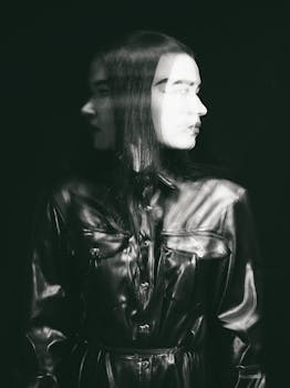 Artistic black-and-white double exposure of a woman in a leather jacket creating a ghostly effect.