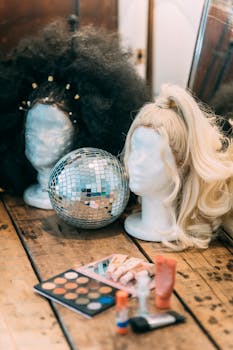 Wigs with a disco ball and makeup set on a wooden floor indoors.