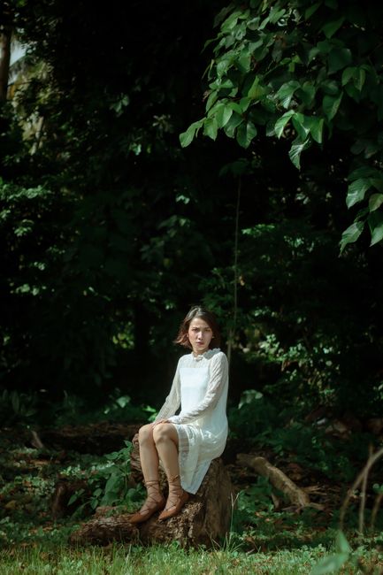 Full body contemplative young female wearing white dress sitting on dry tree trunk in lush summer woods and looking away