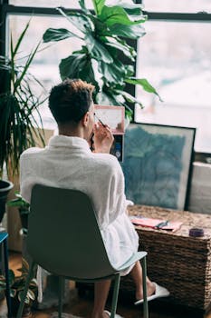 Individual in bathrobe applying makeup at home, capturing a relaxed lifestyle moment.