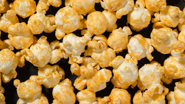Tasty golden popcorn kernels, perfect for food photography and snack cravings.