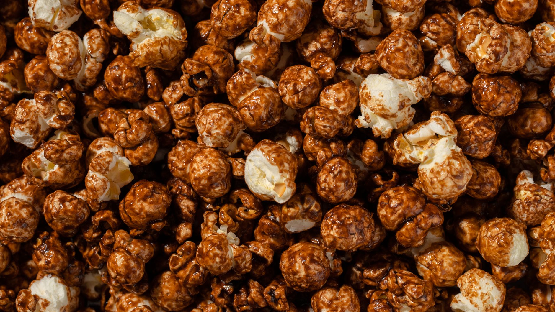 Close-up of caramel apple popcorn clusters