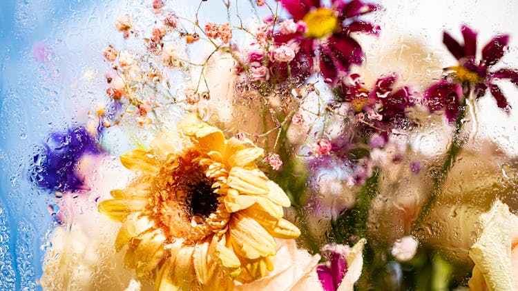 Colorful Bouquet Behind A Wet Glass 