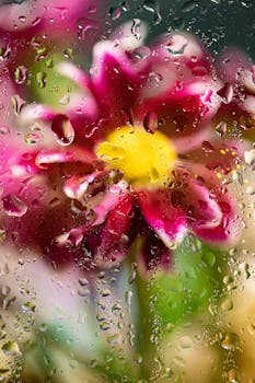 Stunning close-up of a vibrant flower blurred by rain on glass.