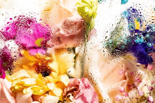 Colorful floral arrangement viewed through rain-speckled glass for a fresh, dynamic effect.