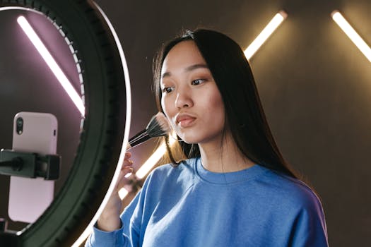 Asian woman filming a makeup tutorial for her vlog using a ring light, emphasizing beauty and creativity.