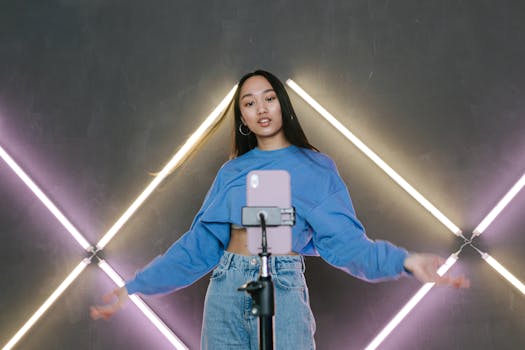 Teen influencer dances stylishly indoors, creating content using smartphone and ring light.