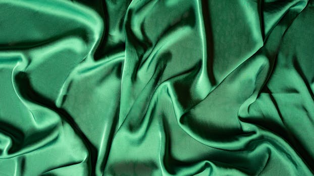 Close-up of crumpled emerald green silk fabric creating a smooth, luxurious texture.