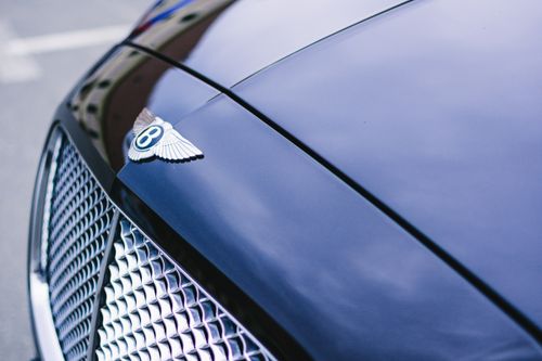 Free Detailed view of a polished luxury car hood with emblem and chrome grille. Stock Photo