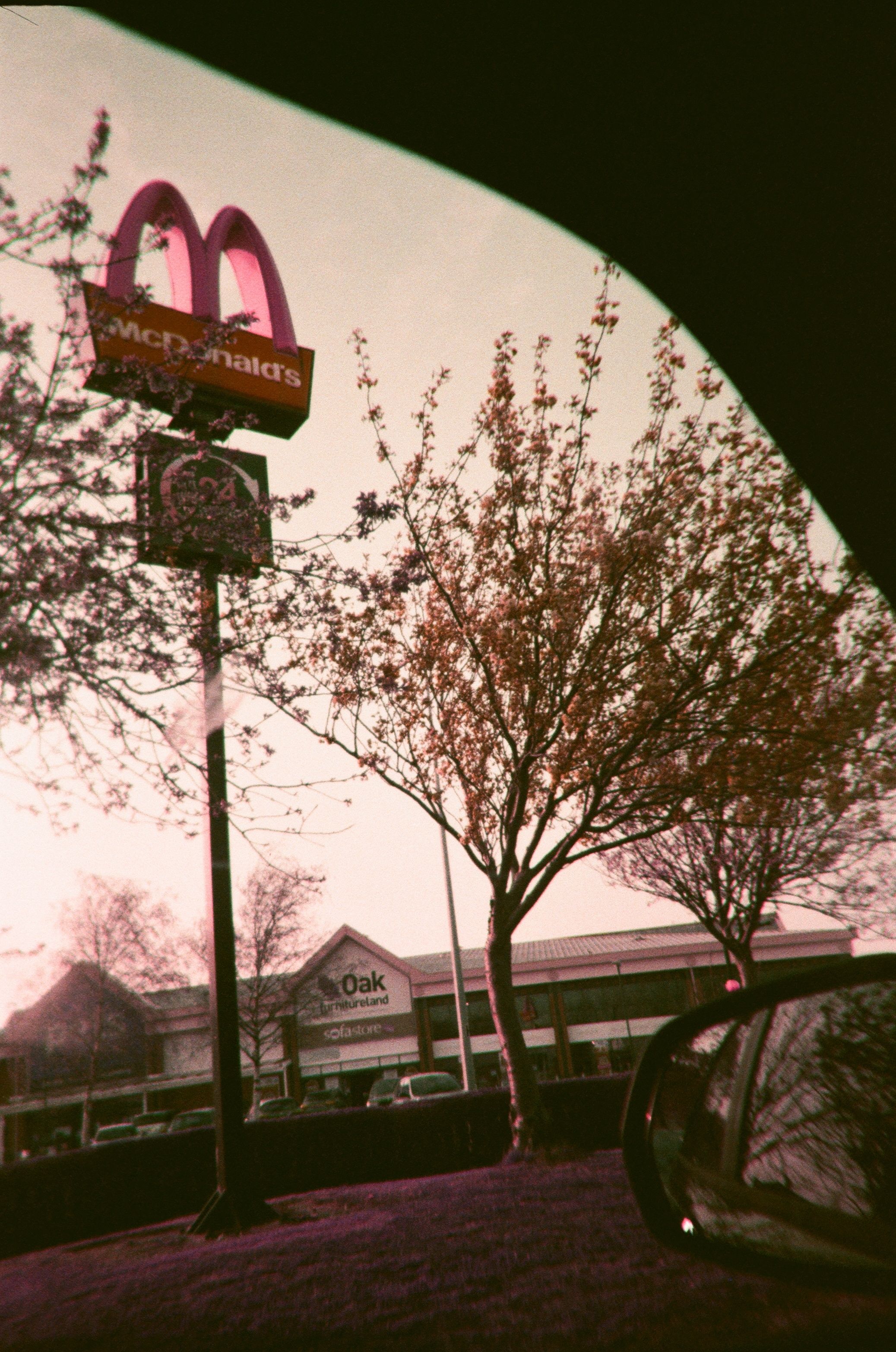 A McDonald's sign by a commercial area with spring trees in view.