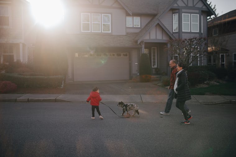 A family walks their dog in a suburban neighborhood street under the autumn sun.