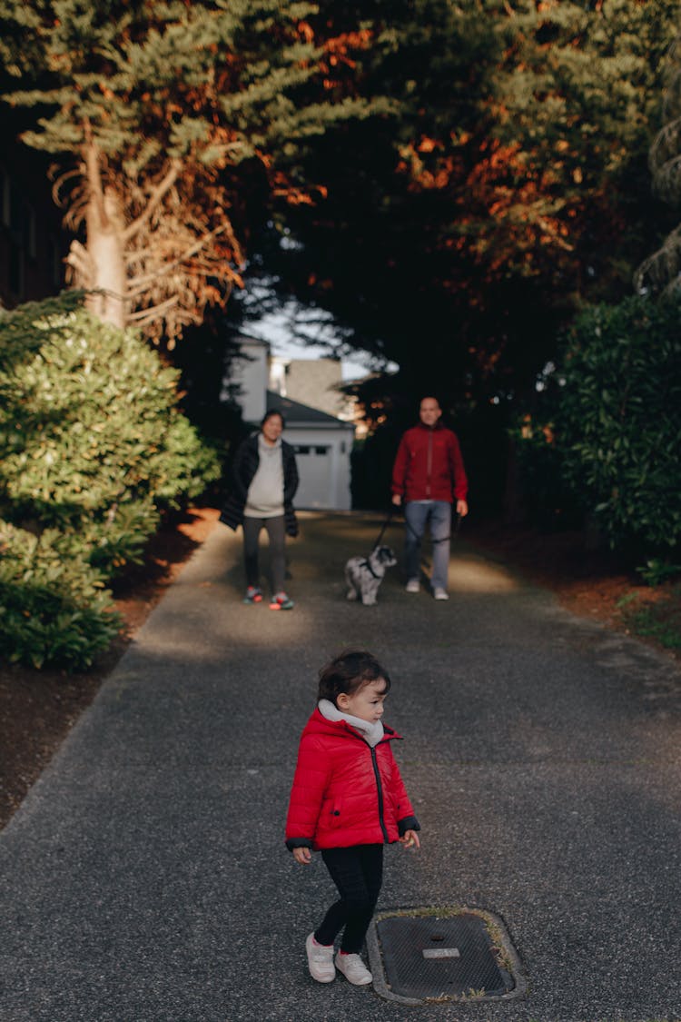 A Family Walking On The Street With Their Dog