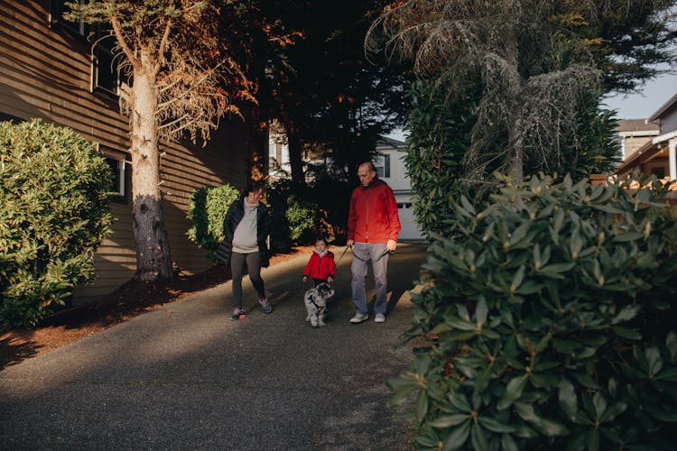 Man Walking The Dog With His Family