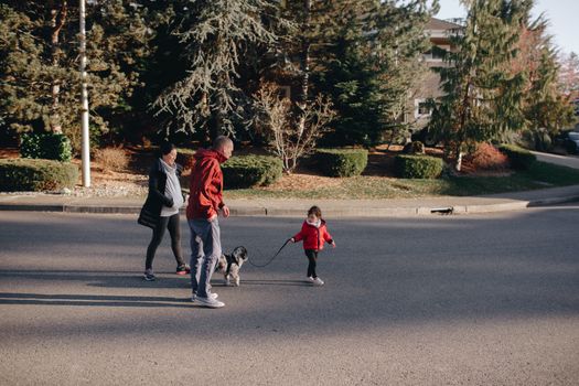 Family enjoying a sunny day walk with their dog in a suburban neighborhood.