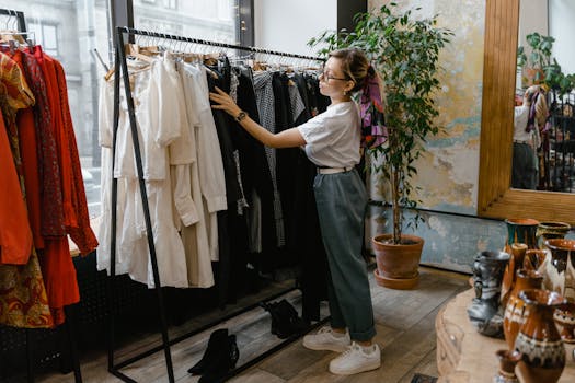 A stylish woman browsing clothes in a chic boutique store with ceramics and plants.