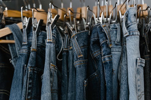 Close-up of various denim jeans hanging on a rack, perfect for fashion and retail themes.