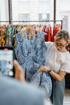 Woman inspecting a blue patterned dress in a retail clothing store. Fashion and shopping concept.