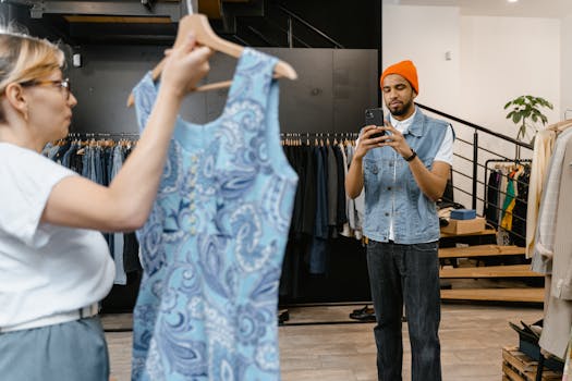 A young man photographs a dress in a boutique, focusing on fashion trends.