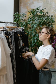 A woman examines clothing options on a rack in an indoor retail space, surrounded by plants.