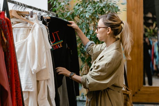 Fashion enthusiast browsing clothing rack in boutique store, selecting attire.