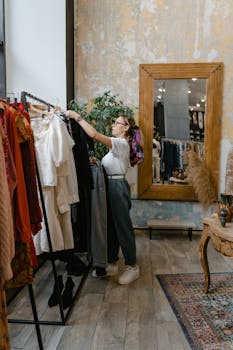 Woman browsing clothes rack in contemporary clothing store interior.