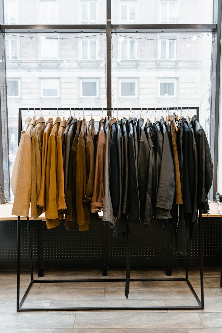 Jackets Hanging On Black Clothes Rack 