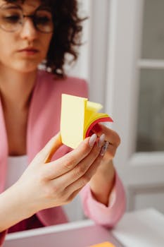 Focused woman with manicured nails holding colorful sticky notes indoors.