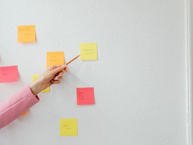 Sticky notes arranged on a studio wall in weekly planning