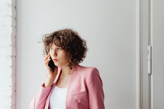 Confident businesswoman with curly hair talking on the phone indoors wearing a pink suit.