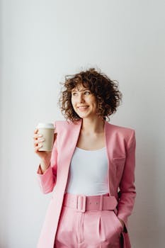 Stylish woman with curly hair holding a coffee cup, wearing a pink blazer, and smiling against a white background.