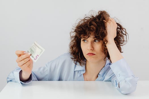 Concerned woman with curly hair holding a five dollar bill, expressing financial worry.