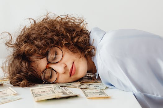 A person with curly hair and glasses rests on a table surrounded by dollar bills.
