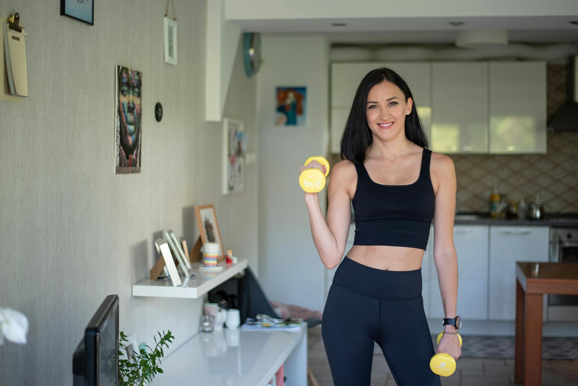 Adjustable dumbbells in a home space with a calm vibe