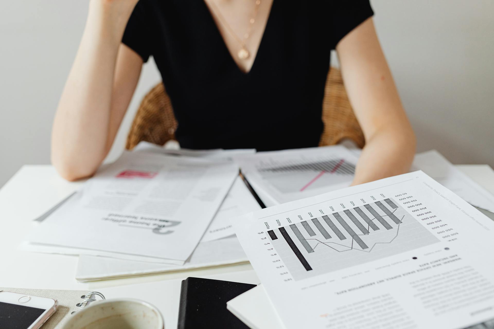 Close-up of financial documents and graphs on a desk, showcasing business analysis.