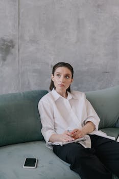 Woman sitting on a couch with a notebook, looking thoughtful in a modern setting.