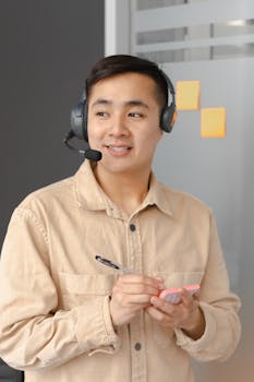 Asian man in a beige shirt wearing a headset, taking notes in an office.